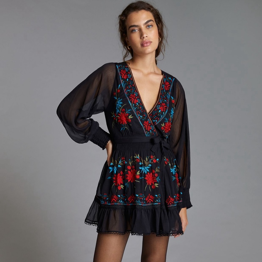 NWT Embroidered Black Mini Dress size Small from Anthropologie